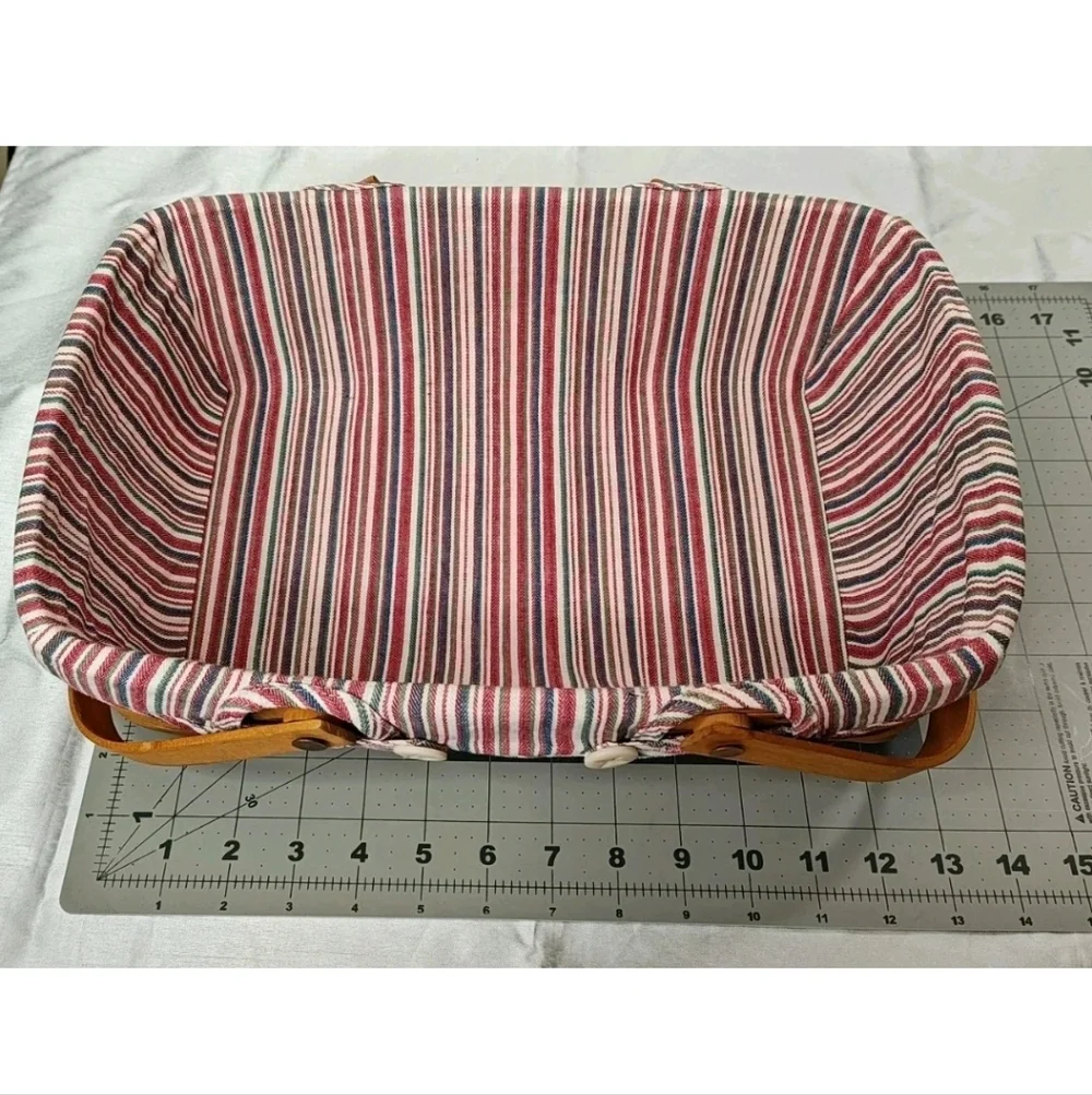 Vtg 90s Longaberger Med Gathering Basket Double Handle Nautical Striped Liner
